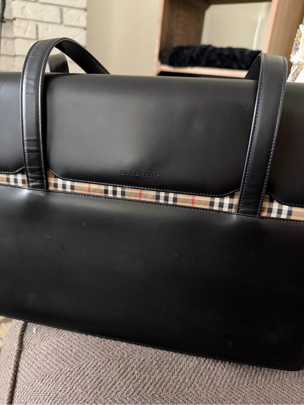 Burberry Black Leather Tote with Classic Nova Check Accent